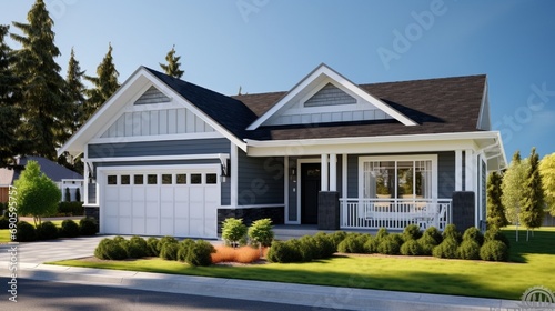 Beautiful new home exterior with two car garage and covered porch on sunny day © Classy designs