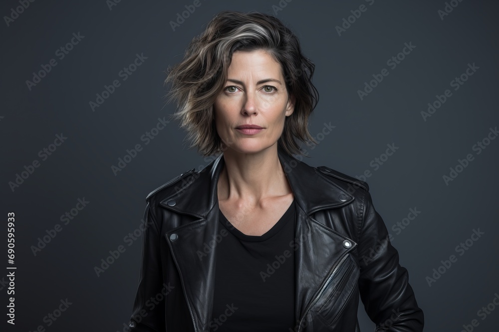 Portrait of a woman wearing a leather jacket and looking at the camera Portrait of a woman wearing a leather jacket and looking at the camera