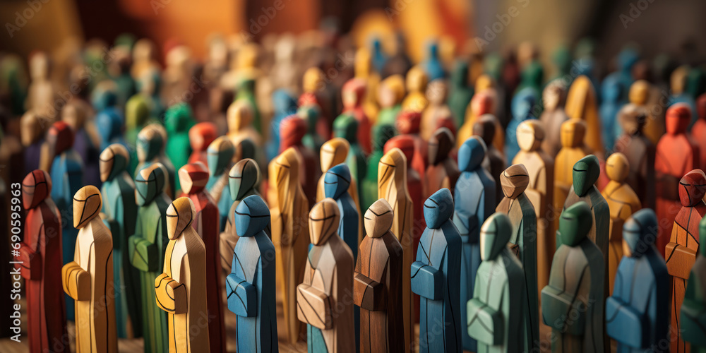 Fototapeta premium Wooden figures in bright colors, representing a bustling crowd in a market scene