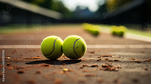 tennis ball on the court.tennis ball in the ground photgraphy - Closeup photo of a yellow tennis ball on the ground on the court outdoors. Sun shines on it. Ai