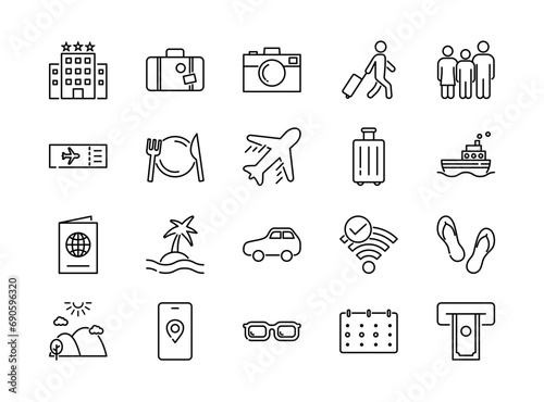 Set of travel icons. Vector illustrations, editable stroke.