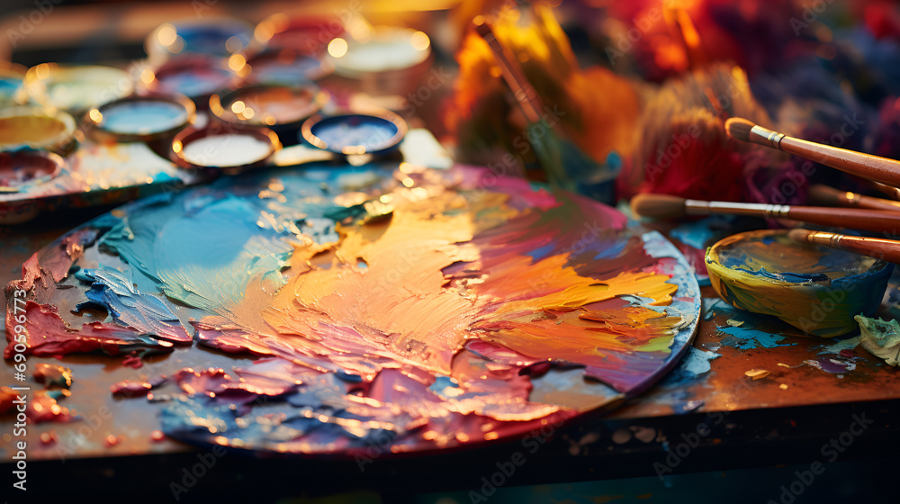 palette and brushes with colors, splashes of colors on circular board 