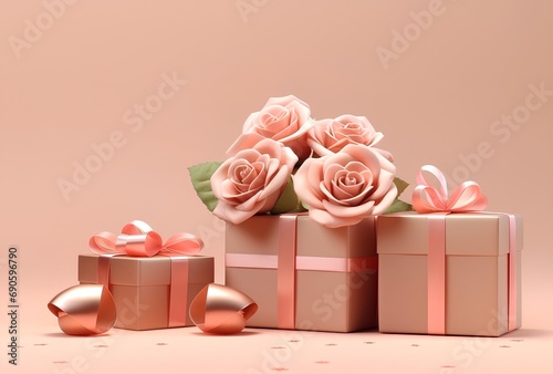 Valentine's day concept with pink balloons, gift boxes and flowers
