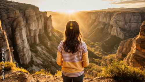 Young girl standing at a mountain valley on sunset. Healthy hiking lifestyle photo