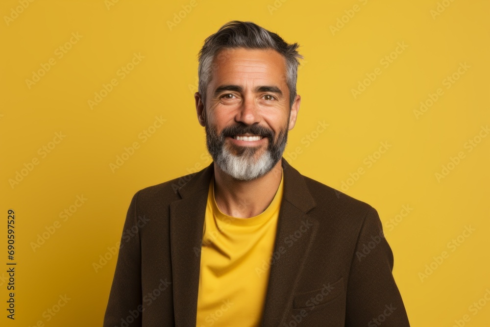 Portrait of happy mature man with beard and mustache on yellow background Portrait of happy mature man with beard and mustache on yellow background