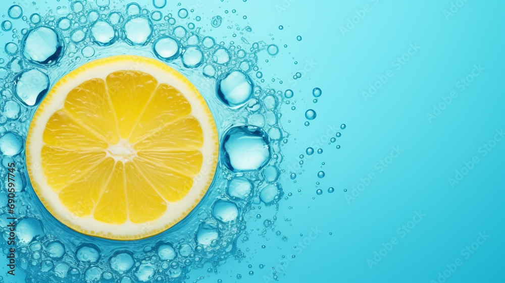 sliced lemon in color background with water wave and water drop.