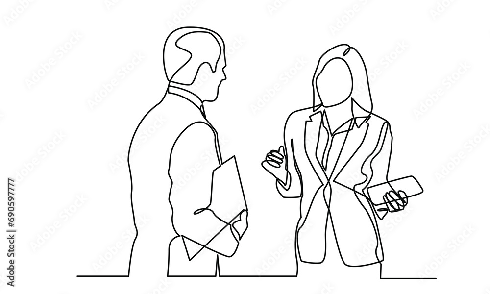 Continuous line drawing of businessmen and women standing and discussing business. discussion about growing business. Concept of growing business and presentation.Isolated on a white background.
