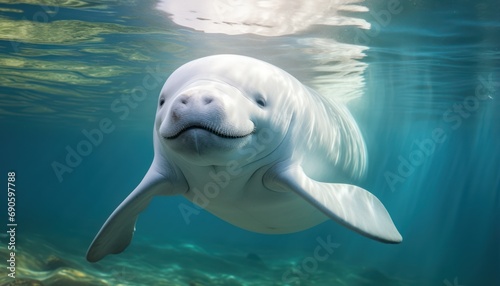 A Smiling Beluga Swimming in the Water © Anna