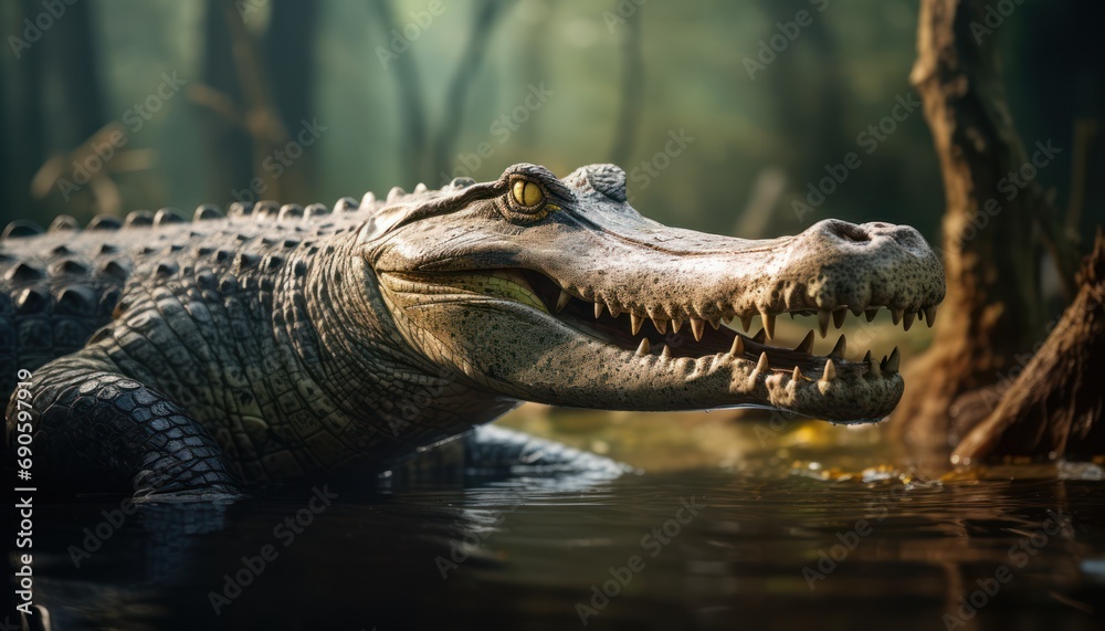 Obraz premium A Gharial Alligator Gliding Through the Water