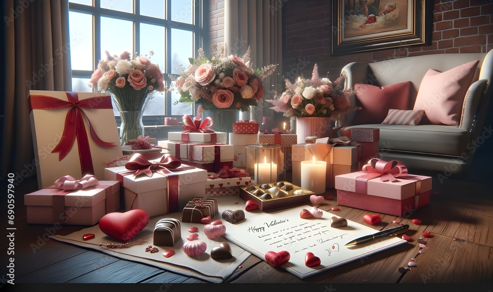  Décoration intérieure pour la fête de Saint-Valentin avec bougies, fleurs, et chocolats, créant une ambiance romantique à la maison. - obrazy, fototapety, plakaty 