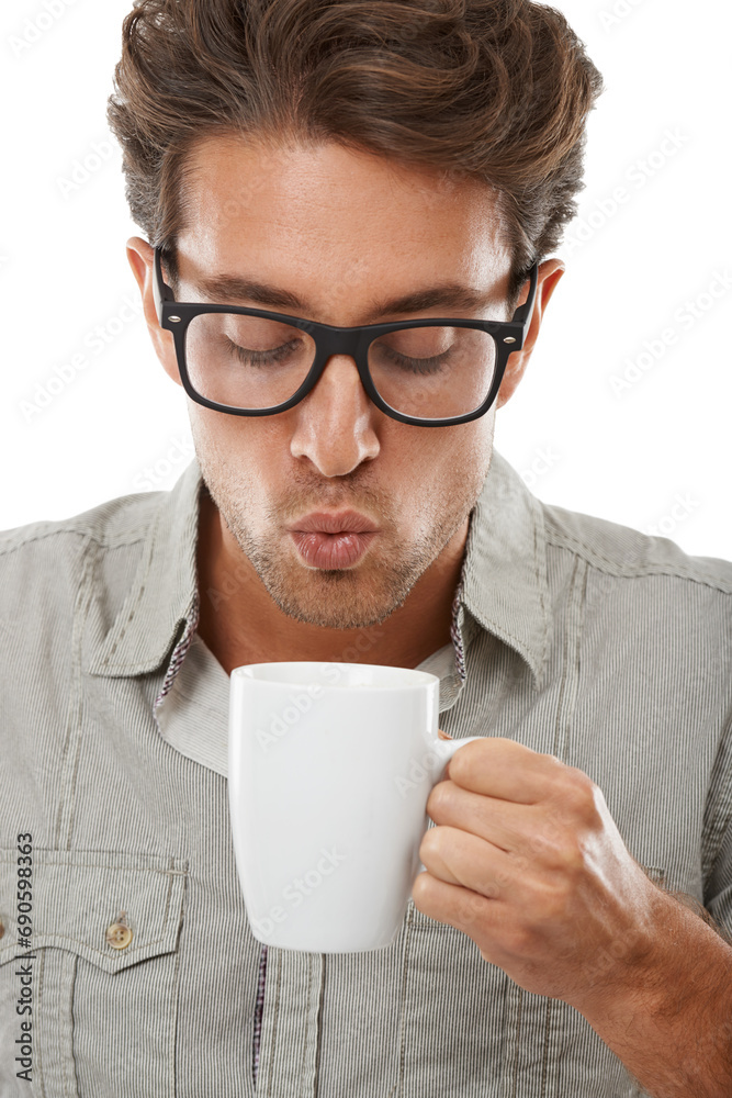 Man, blowing and coffee or hot beverage in studio for caffeine espresso, morning motivation or white background. .Male person, model and warm drink latte for aroma scent cappuccino or mockup space Man, blowing and coffee or hot beverage in studio for caffeine espresso, morning motivation or white background. .Male person, model and warm drink latte for aroma scent cappuccino or mockup space
