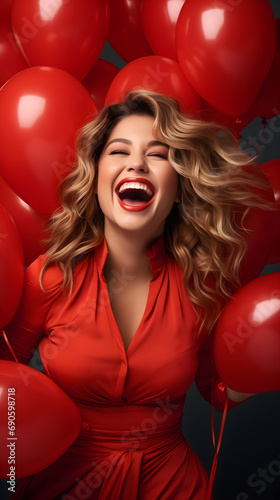 Joyful strawberry blonde woman in a sea of red balloons