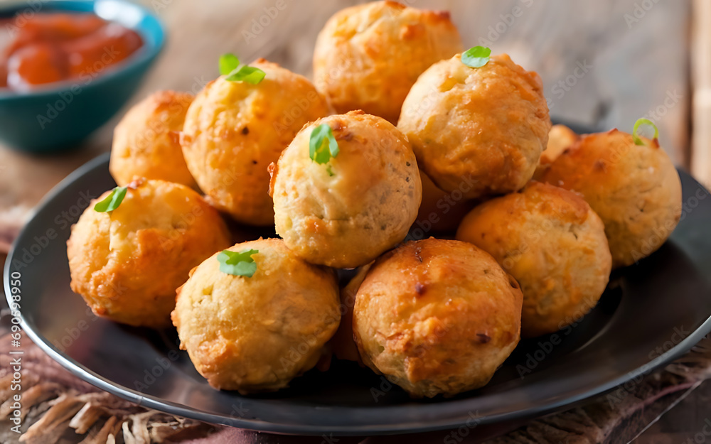 Capture the essence of Hush Puppies in a mouthwatering food photography shot Generative AI Capture the essence of Hush Puppies in a mouthwatering food photography shot Generative AI