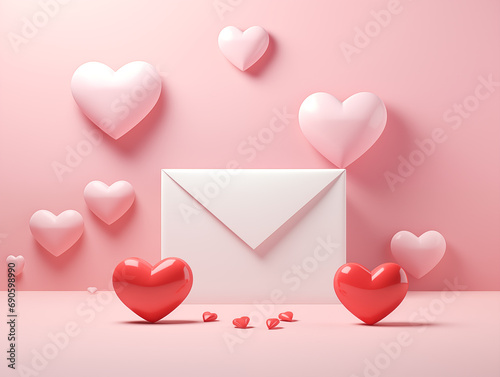 Gorgeous sophisticated minimalist background with white envelope, pink and red hearts on pastel pink background with space for text. Love, romance, wedding, valentine's day. Copy space.