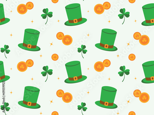 Seamless pattern for St. Patrick's Day on white background, Irish background, green clover and shamrock, spring Celtic festival.