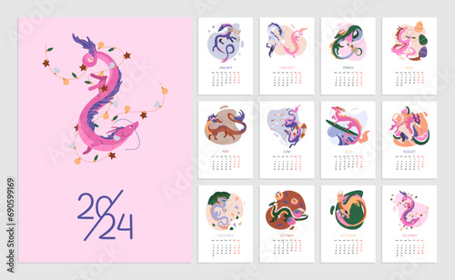 Calendar new 2024 year with flying dragons, symbol of year. Calendar template series. Monthly template. Wall calendar in flat style. Week start on Monday. Vertical pages A4 format. Vector illustration