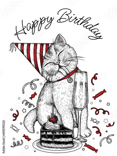 Vector template for happy birthday card. Cat in a festive cap with champagne and a piece of cake in engraving style