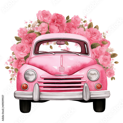 Vintage Car Clipart in Watercolor, Floral and Retro Car Illustrations, Pink Retro Car PNG, Floral Art Decor, Watercolor Vehicles