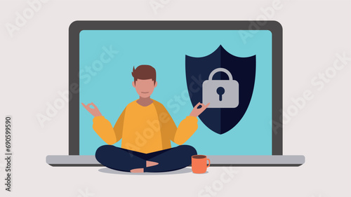 Vektor-Illustration einer Person, die entspannt vor einem Laptop Yoga macht - Online-Sicherheitskonzept