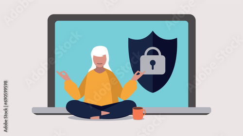 Vektor-Illustration einer Person, die entspannt vor einem Laptop Yoga macht - Online-Sicherheitskonzept