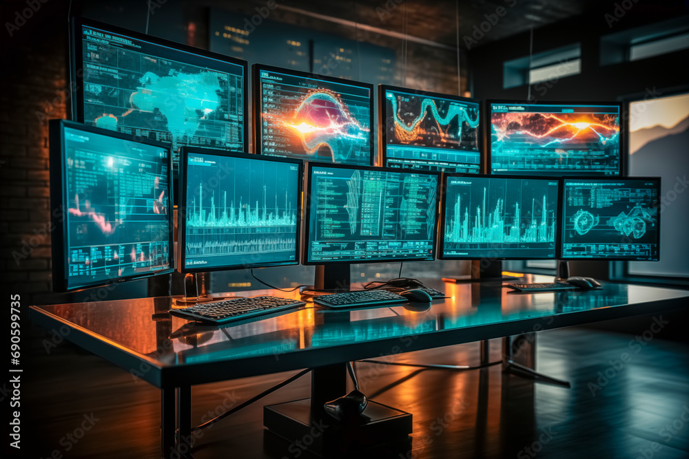 Naklejka premium Corporate Command Hub: Futuristic Server Control Center in a Megacity