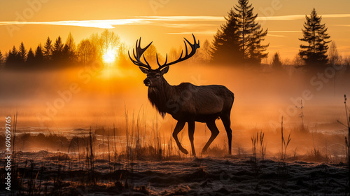 Big male Bull red deer in deep moose coniferous forest in rays of sunset © gustav