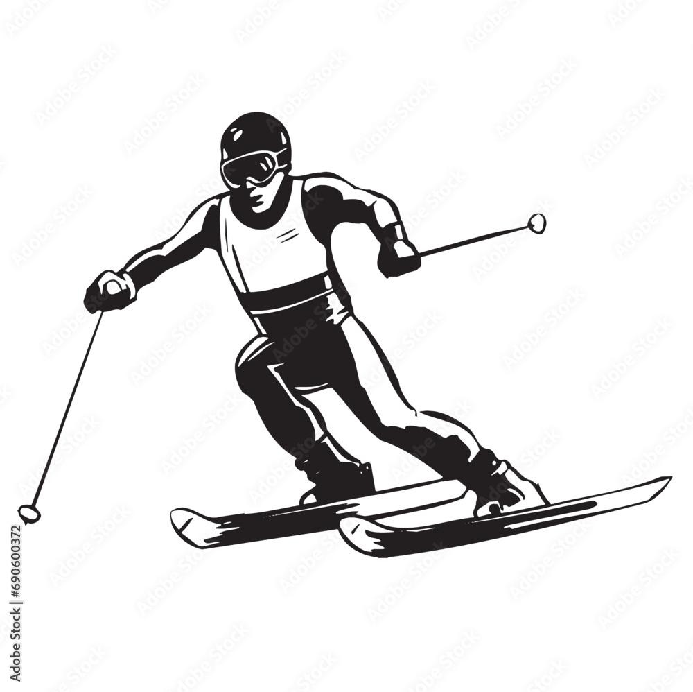 Male Skier in action silhouette. Alpine Skiing men jump downhill black silhouette. Vector illustration Male Skier in action silhouette. Alpine Skiing men jump downhill black silhouette. Vector illustration