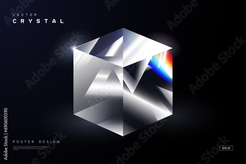 Abstract glass crystal cube with light reflection isolated on black background. Blank diamond cube. 3d style. Design element for poster, website, jewelry promo materials, etc. Vector illustration