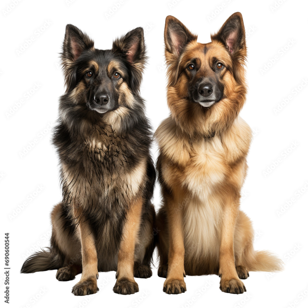 Two German shepherd dogs with brown and black fur sitting isolated on white background