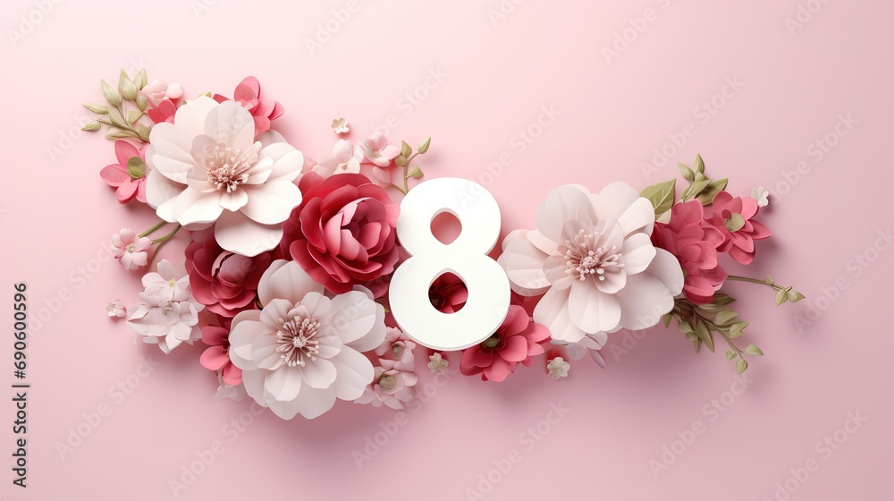 Illustration of number 8 and floral decoration for background and banner for 8th march women's day with copy space - obrazy, fototapety, plakaty 