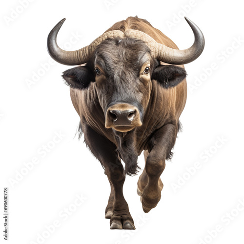 Buffalo running, front view, isolated on white background