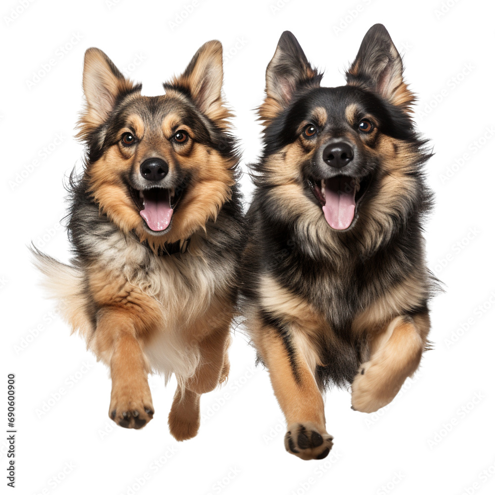Two German shepherd dogs with brown and black fur running together isolated on white background Two German shepherd dogs with brown and black fur running together isolated on white background