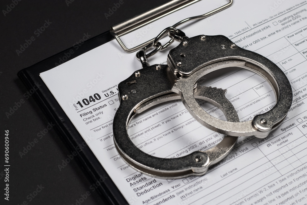 Handcuffs over Tax forms, concepts: Tax fraud or Slave to the Taxes Handcuffs over Tax forms, concepts: Tax fraud or Slave to the Taxes