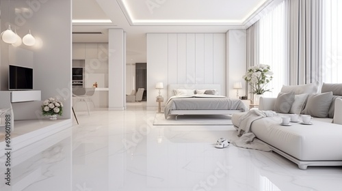 Cozy luxury modern interior design of a studio apartment in extra white colors with fashionable expensive furniture in a minimalist style. white tiled floor, kitchen, 