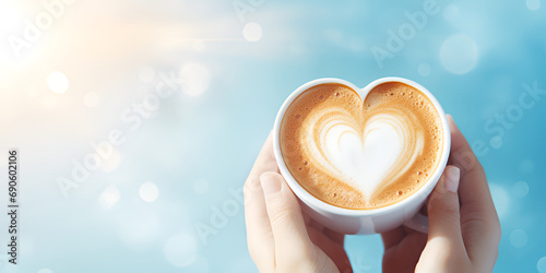 Close-up view of a cup of coffee with heart shape latte art in hands. Hands holding coffee cup with copy space, top view, food and drink concept, Coffee with heart shaped foam on girl hands in sky 