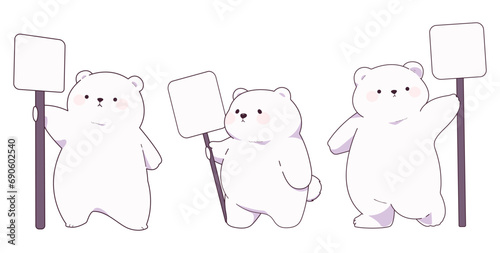 Set of cute cartoon hand drawn white bear holding signboard vector illustration. Pastel colors, white background. Attention, hunting conept. Funny animal character, mascot. Isolated clip art objects.  © Meowcher24