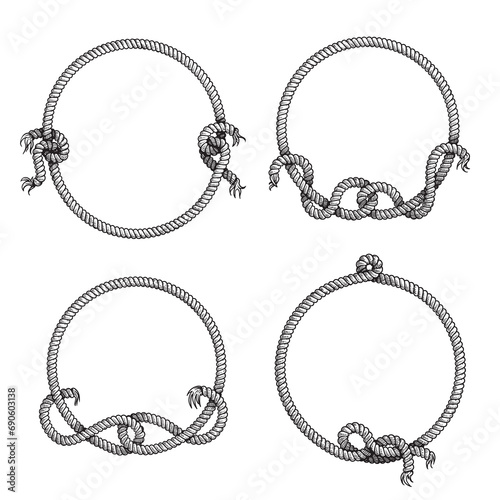 Nautical rope frames set. Hand drawn sketch style illustrations isolated on white background. photo