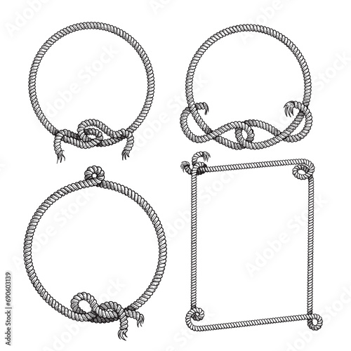 Nautical rope frames set. Hand drawn sketch style illustrations isolated on white background. photo