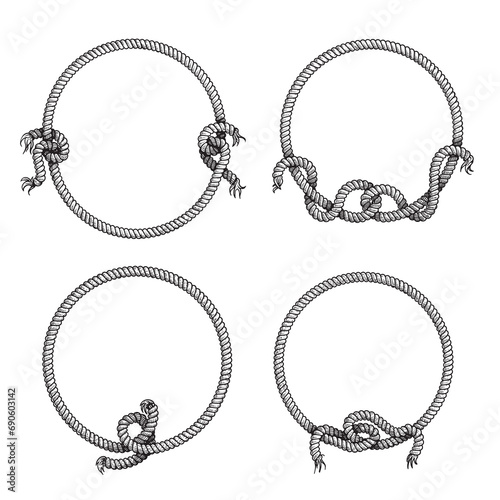 Nautical rope frames set. Hand drawn sketch style illustrations isolated on white background.