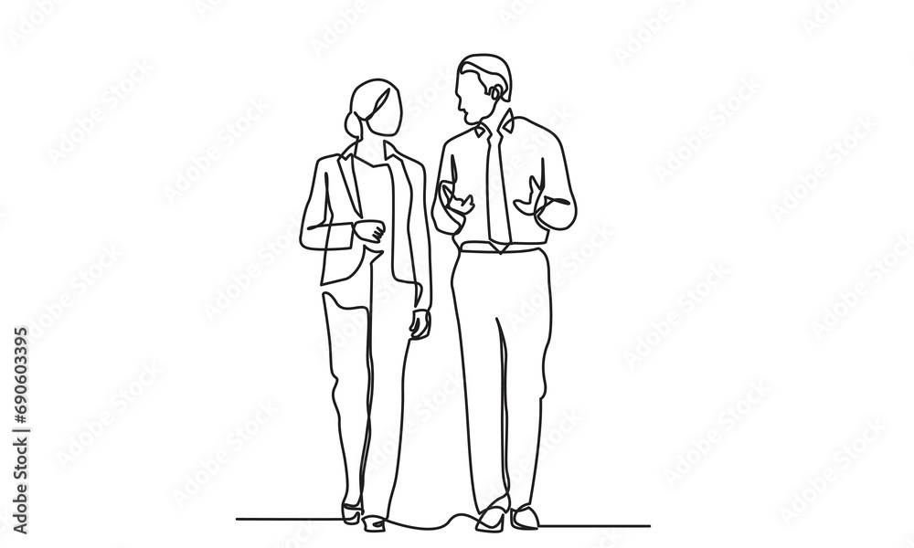 Continuous line drawing of businessmen and women walking and discussing business. discussion about growing business. Concept of growing business and presentation.Isolated on a white background.
