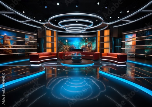  A news broadcast studio interior design could include the following elements