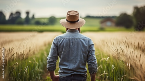 View from behind of a farmer in a wheat field photo