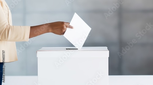 The person places a ballot for the election of president, senator or deputy into a white ballot box. photo