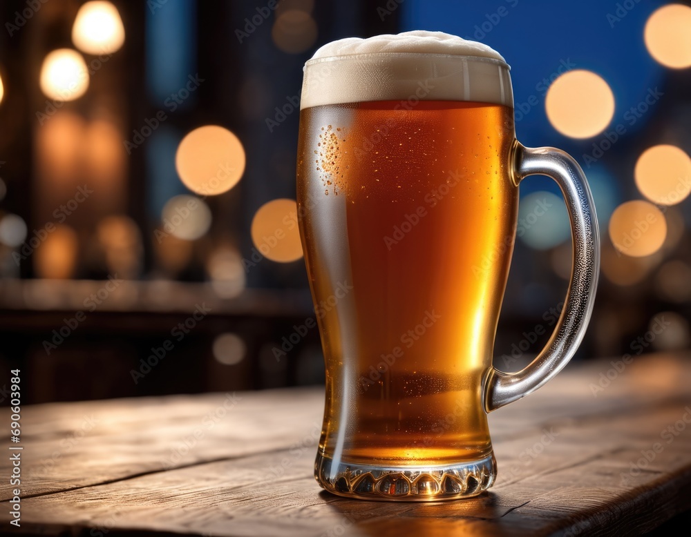 Delicious glass of beer with frothy foam on a rustic outdoor table in a pub with outdoor lights of night city Delicious glass of beer with frothy foam on a rustic outdoor table in a pub with outdoor lights of night city