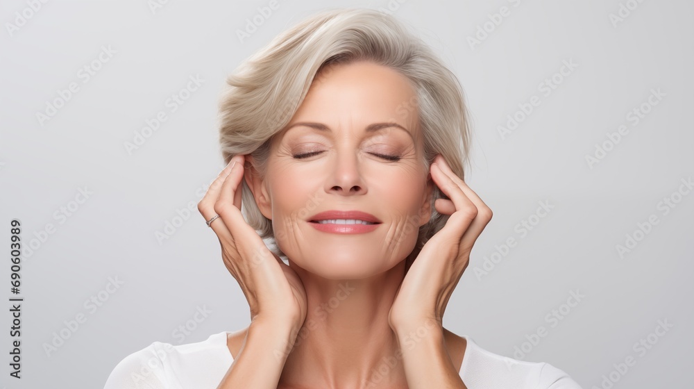 Beautiful gorgeous 50s mid aged mature woman looking at camera isolated on white touching her temples with eyes closed with Detailed facial features, realistic skin and eyes Beautiful gorgeous 50s mid aged mature woman looking at camera isolated on white touching her temples with eyes closed with Detailed facial features, realistic skin and eyes