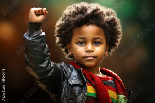 An African-American boy with a raised fist is seeking justice. Black History Month. 