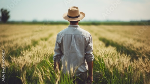 View from behind of a farmer in a wheat field photo