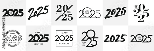 Big Set of 2025 Happy New Year logo text design. 2025 number design template. Collection of 2025 Happy New Year symbols. Vector illustration with black labels isolated on white background. photo