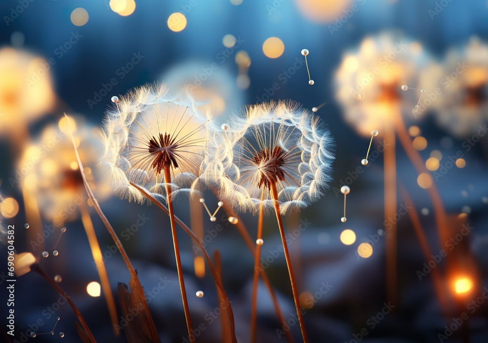 Abstract blurred nature background dandelion seeds parachute. Abstract nature bokeh pattern,