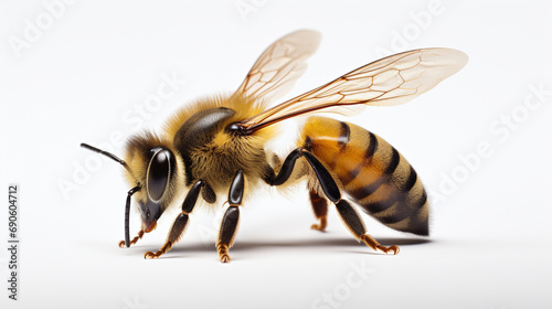 A bee on a white background --ar 16:9 --v 5.2 Job ID: 1872a4c6-c4f1-4261-8b24-611858df8605 © atmospherestock